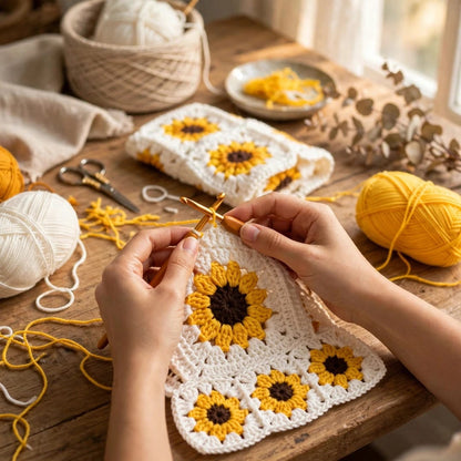 Handmade Crochet White Open Front Cardigan with Sunflower Square Motifs