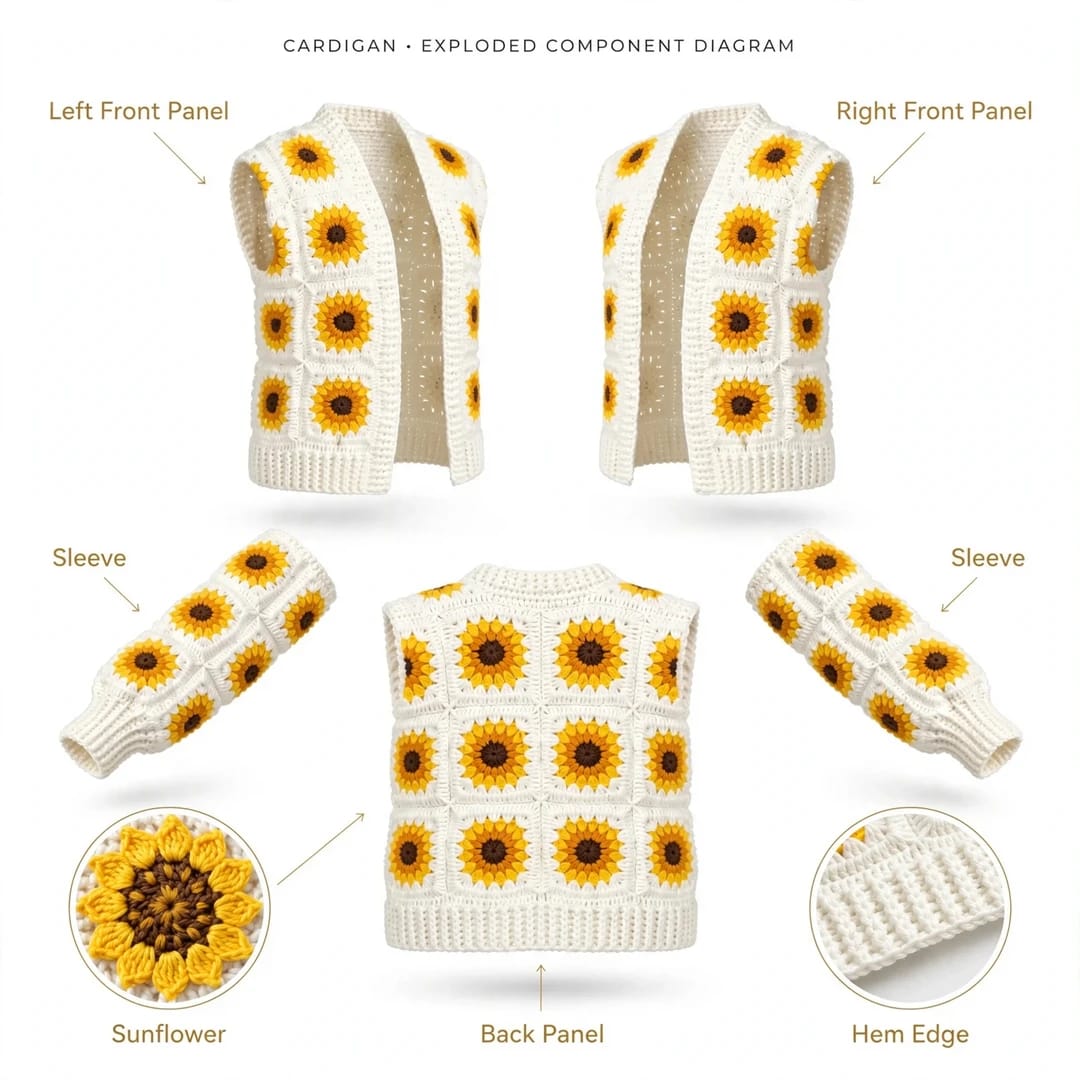 Handmade Crochet White Open Front Cardigan with Sunflower Square Motifs