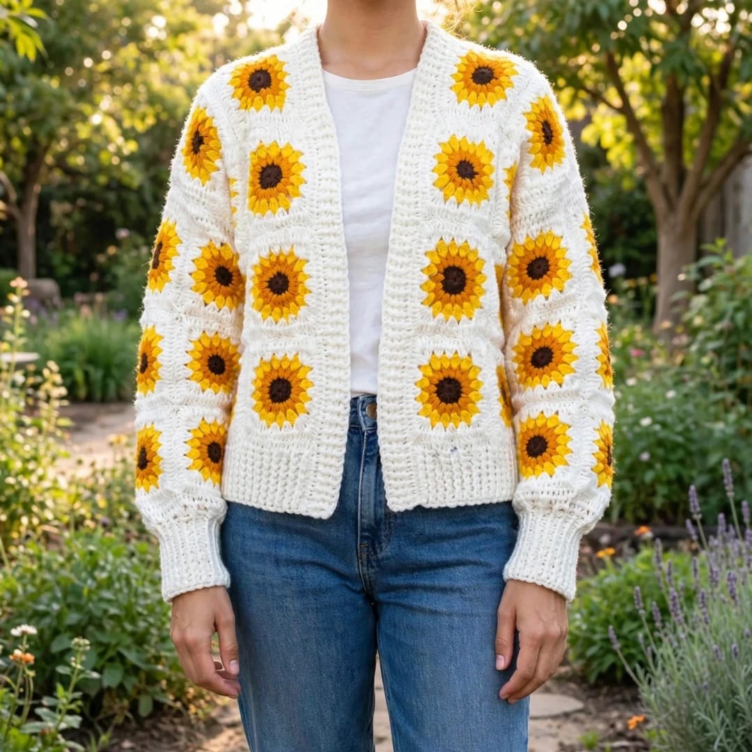 Handmade Crochet White Open Front Cardigan with Sunflower Square Motifs