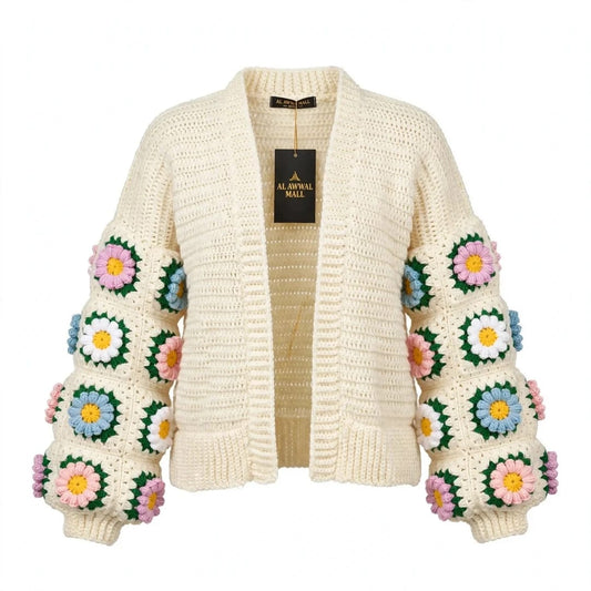 Handmade Crochet Open Front Cardigan with Balloon Sleeves and Floral Square Motifs