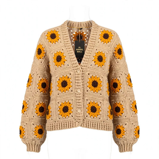 Handmade Crochet Beige Open Front Cardigan with Sunflower Square Motifs and Ribbed Cuffs