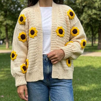 Handmade Crochet Open Front Cardigan with Sunflower Appliques