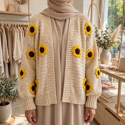 Handmade Crochet Open Front Cardigan with Sunflower Appliques
