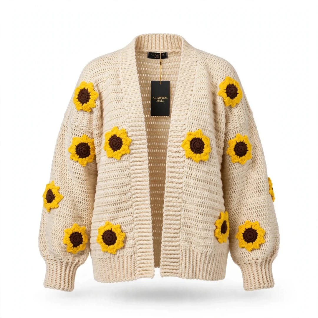 Handmade Crochet Open Front Cardigan with Sunflower Appliques