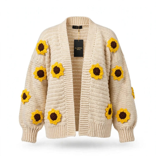 Handmade Crochet Open Front Cardigan with Sunflower Appliques