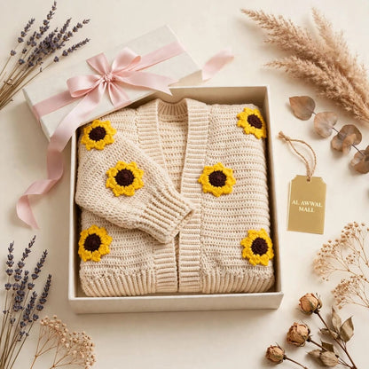 Handmade Crochet Open Front Cardigan with Sunflower Appliques