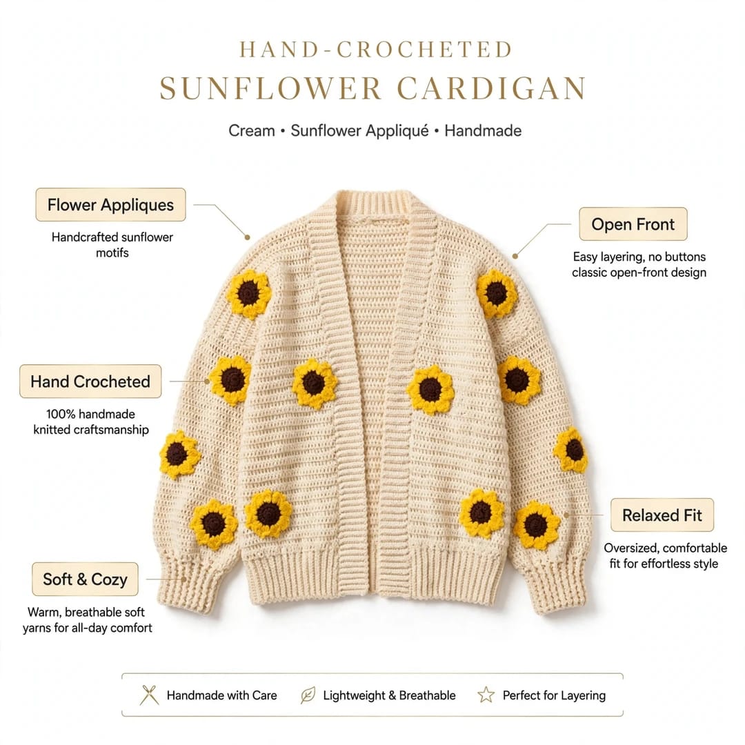 Handmade Crochet Open Front Cardigan with Sunflower Appliques
