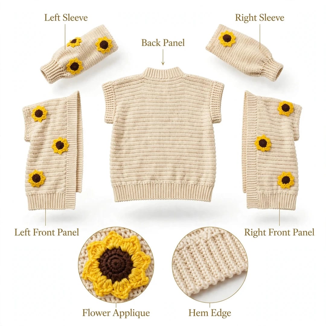 Handmade Crochet Open Front Cardigan with Sunflower Appliques