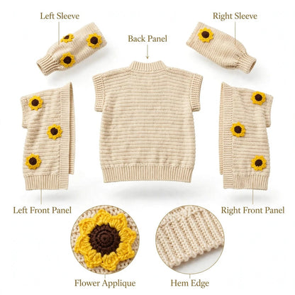 Handmade Crochet Open Front Cardigan with Sunflower Appliques