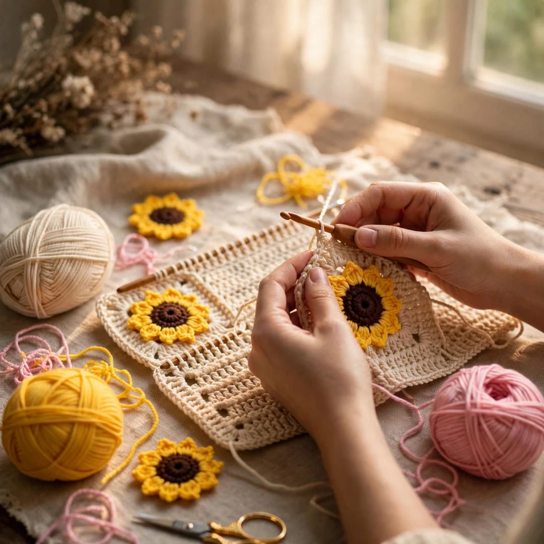 Handmade Crochet Open Front Cardigan with Sunflower Appliques