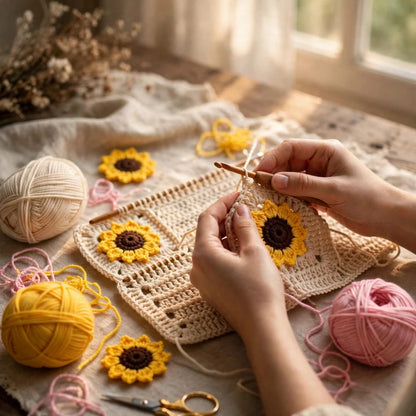 Handmade Crochet Open Front Cardigan with Sunflower Appliques