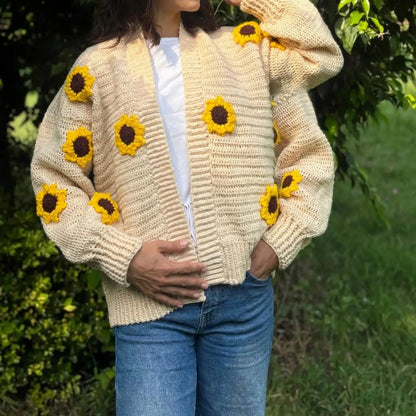 Handmade Crochet Open Front Cardigan with Sunflower Appliques
