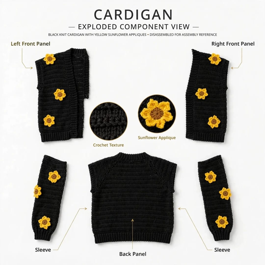 Handmade Crochet Black Open Front Cardigan with Sunflower Appliques and Ribbed Cuffs