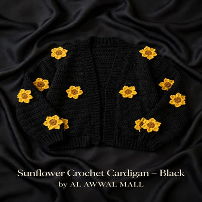 Handmade Crochet Black Open Front Cardigan with Sunflower Appliques and Ribbed Cuffs