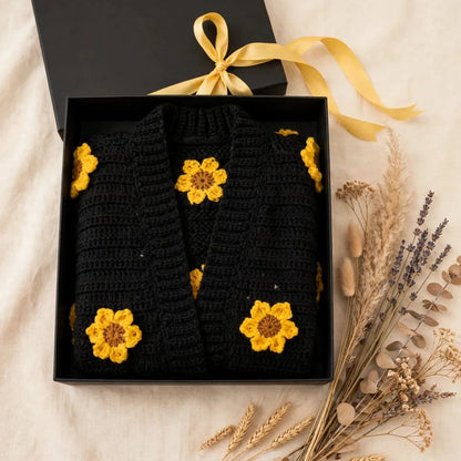 Handmade Crochet Black Open Front Cardigan with Sunflower Appliques and Ribbed Cuffs