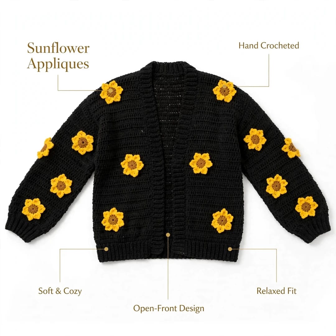 Handmade Crochet Black Open Front Cardigan with Sunflower Appliques and Ribbed Cuffs