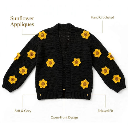 Handmade Crochet Black Open Front Cardigan with Sunflower Appliques and Ribbed Cuffs
