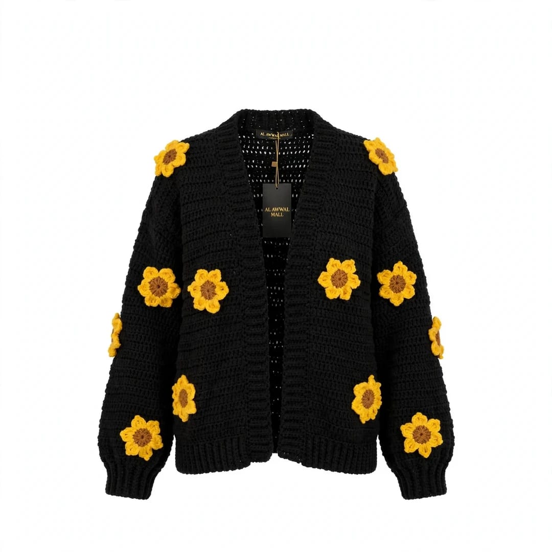 Handmade Crochet Black Open Front Cardigan with Sunflower Appliques and Ribbed Cuffs