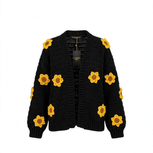 Handmade Crochet Black Open Front Cardigan with Sunflower Appliques and Ribbed Cuffs