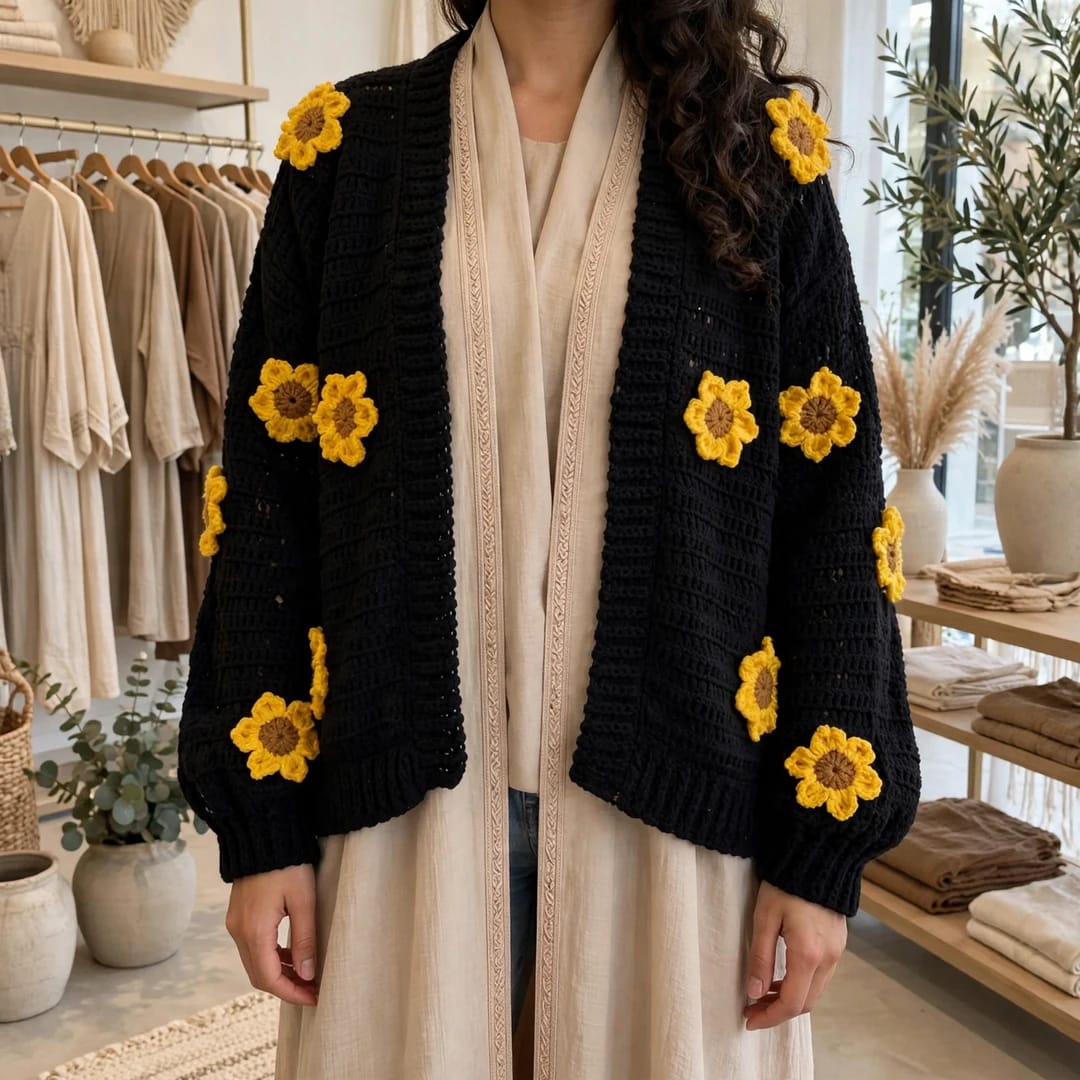 Handmade Crochet Black Open Front Cardigan with Sunflower Appliques and Ribbed Cuffs