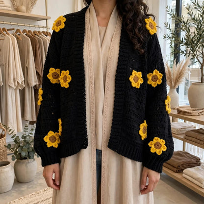 Handmade Crochet Black Open Front Cardigan with Sunflower Appliques and Ribbed Cuffs