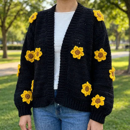 Handmade Crochet Black Open Front Cardigan with Sunflower Appliques and Ribbed Cuffs