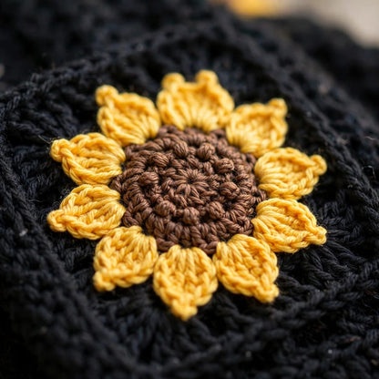 Handmade Crochet Black Open Front Cardigan with Sunflower Appliques and Ribbed Cuffs