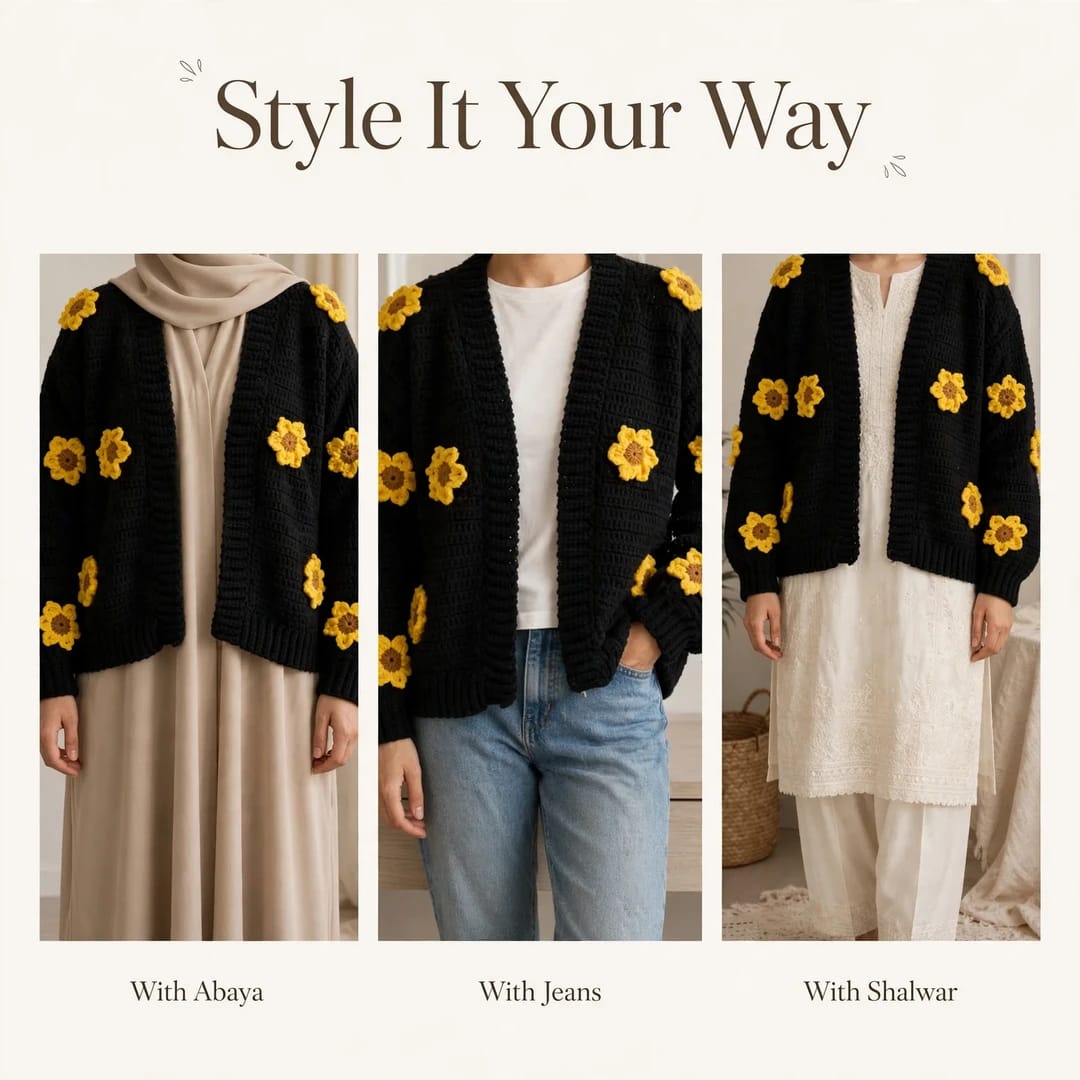 Handmade Crochet Black Open Front Cardigan with Sunflower Appliques and Ribbed Cuffs