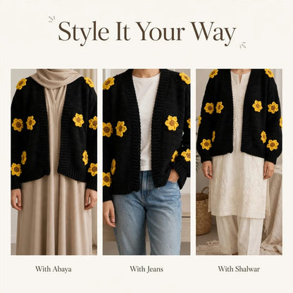 Handmade Crochet Black Open Front Cardigan with Sunflower Appliques and Ribbed Cuffs