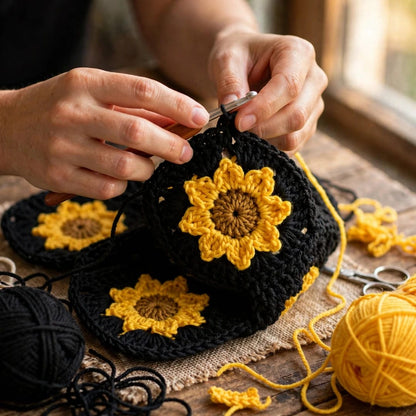 Handmade Crochet Black Open Front Cardigan with Sunflower Appliques and Ribbed Cuffs