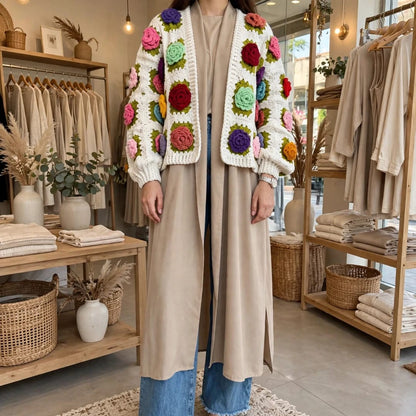 Handmade Crochet Open Front Cardigan with Multicolor Rose Appliques and Ribbed Cuffs