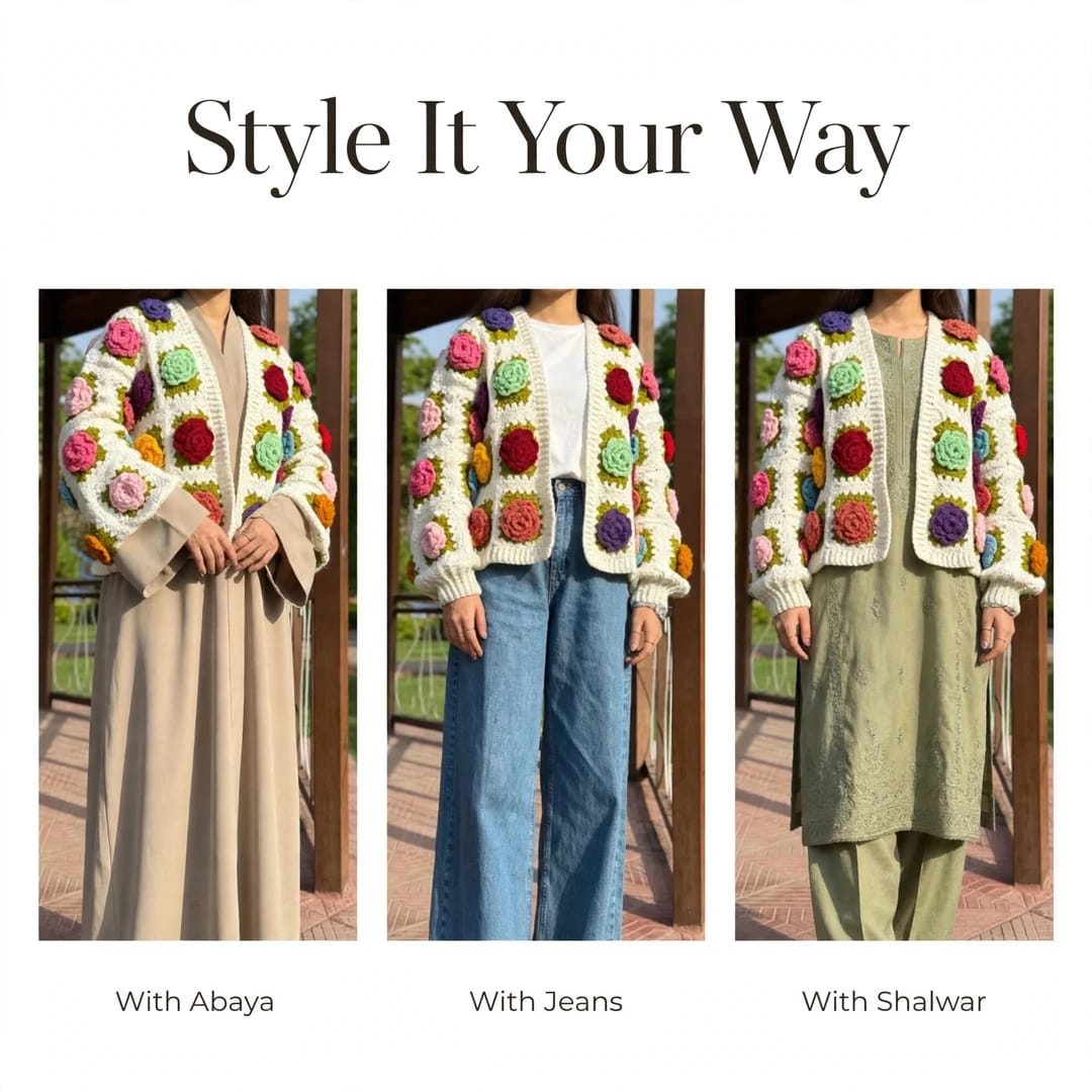 Handmade Crochet Open Front Cardigan with Multicolor Rose Appliques and Ribbed Cuffs