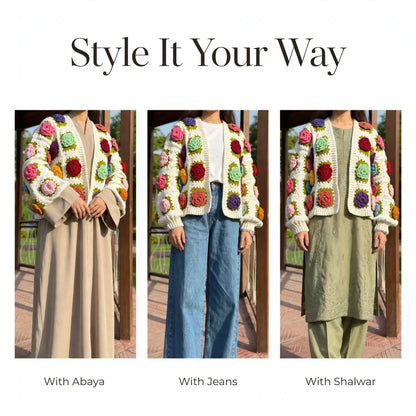 Handmade Crochet Open Front Cardigan with Multicolor Rose Appliques and Ribbed Cuffs