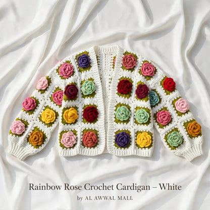 Handmade Crochet Open Front Cardigan with Multicolor Rose Appliques and Ribbed Cuffs