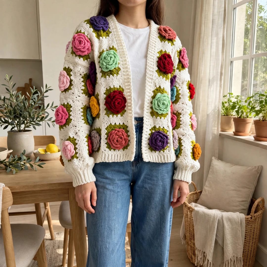 Handmade Crochet Open Front Cardigan with Multicolor Rose Appliques and Ribbed Cuffs