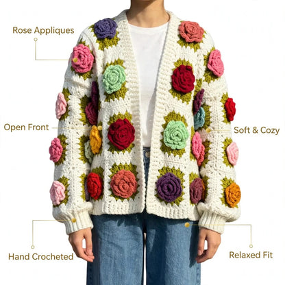 Handmade Crochet Open Front Cardigan with Multicolor Rose Appliques and Ribbed Cuffs