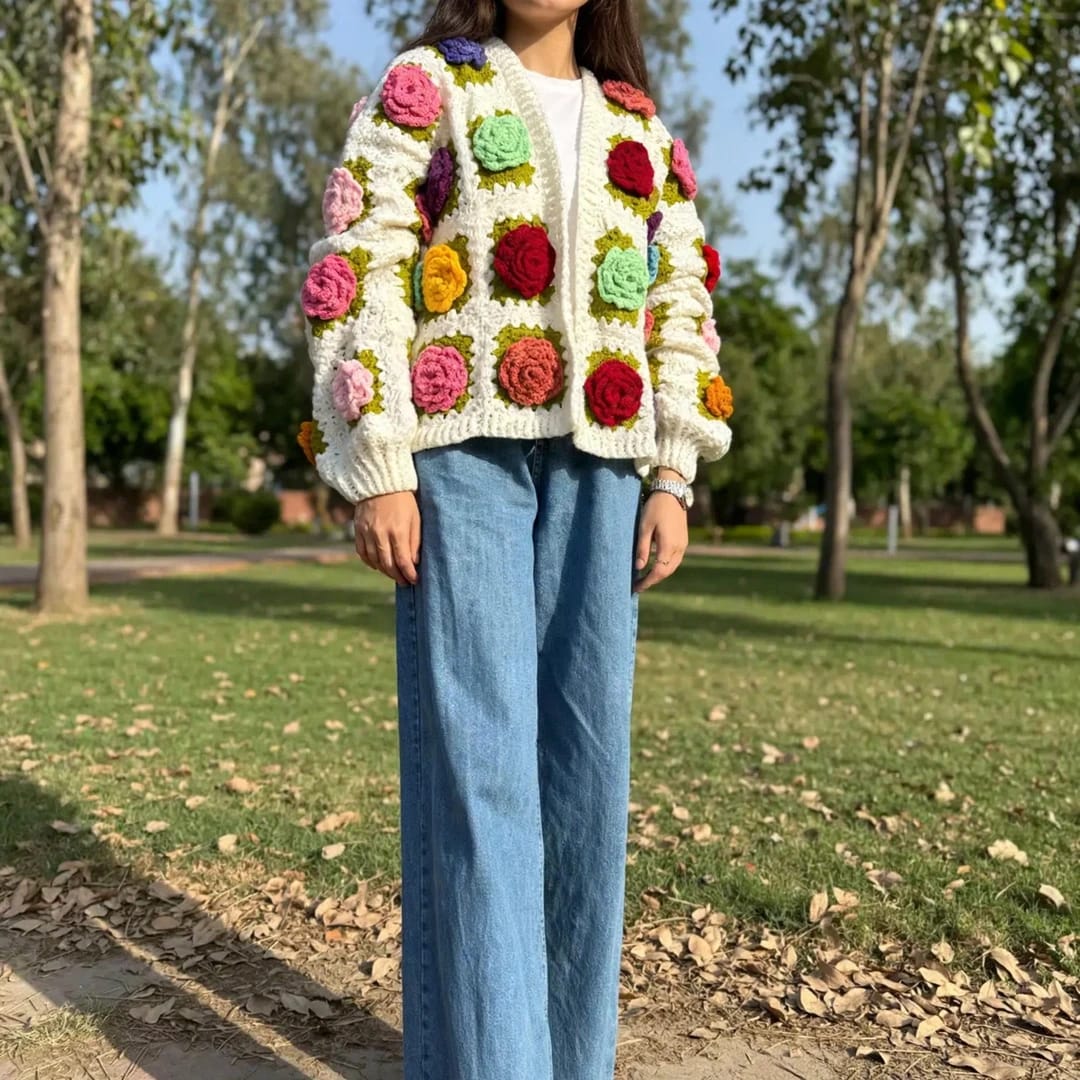 Handmade Crochet Open Front Cardigan with Multicolor Rose Appliques and Ribbed Cuffs