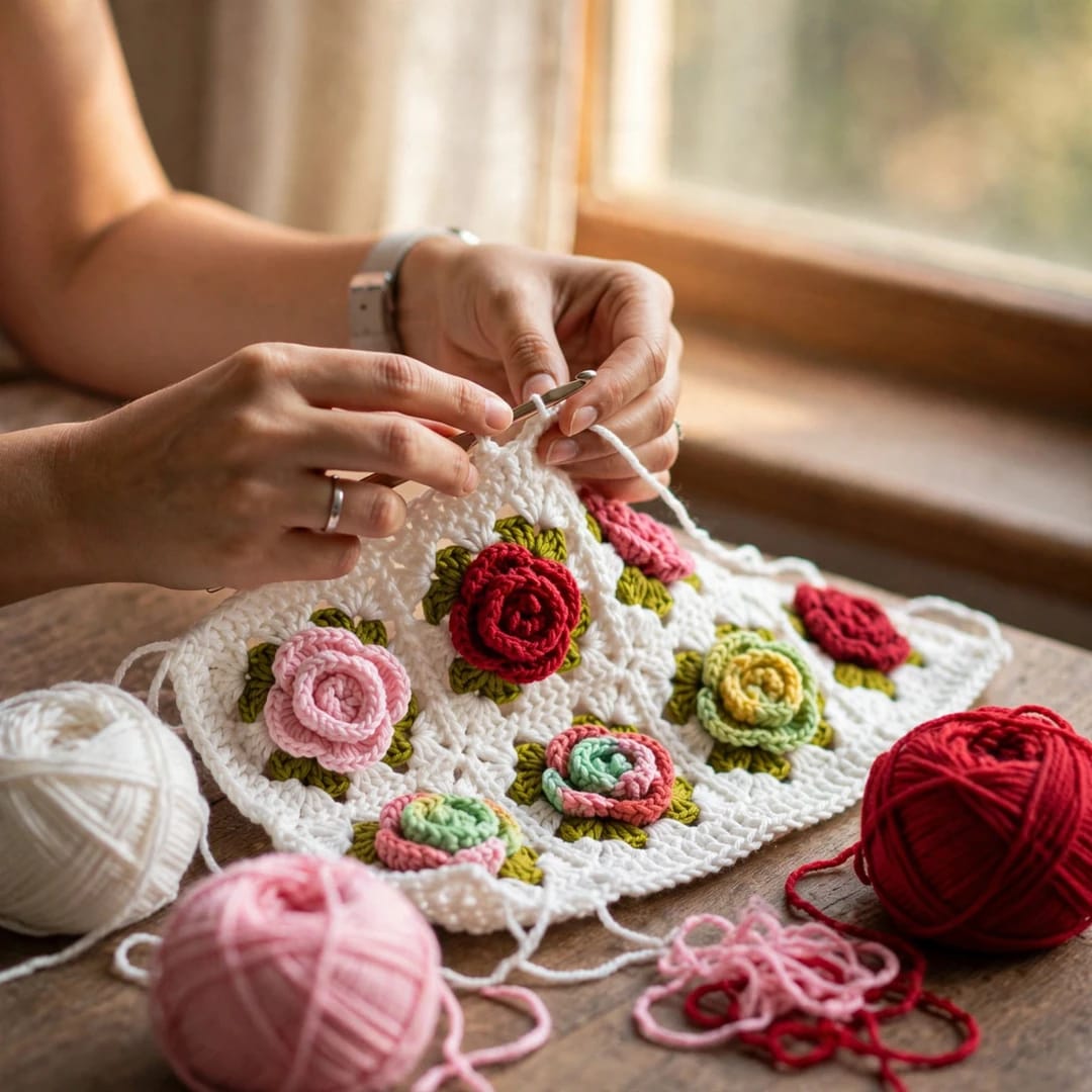 Handmade Crochet Open Front Cardigan with Multicolor Rose Appliques and Ribbed Cuffs