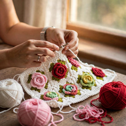 Handmade Crochet Open Front Cardigan with Multicolor Rose Appliques and Ribbed Cuffs