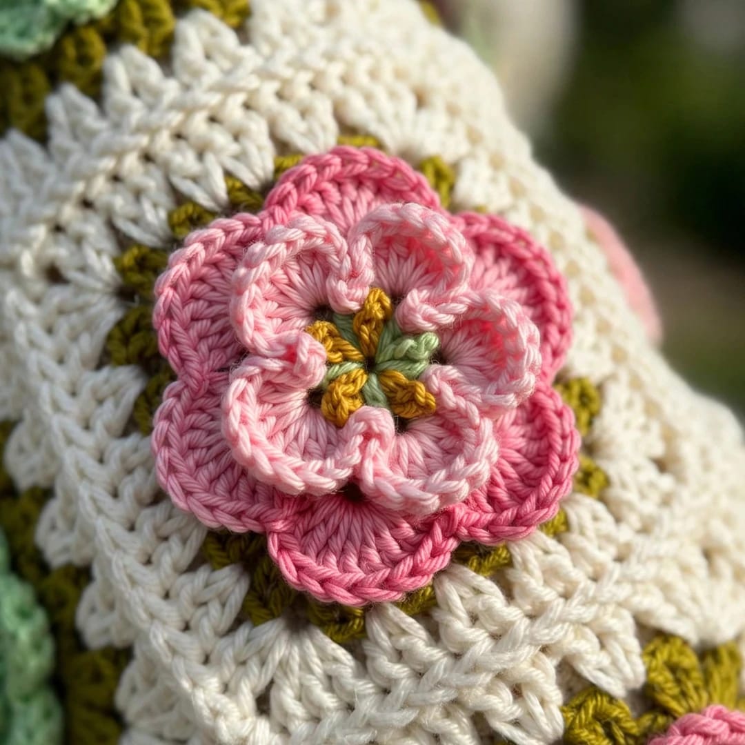 Handmade Crochet Open Front Cardigan with Multicolor Rose Appliques and Ribbed Cuffs