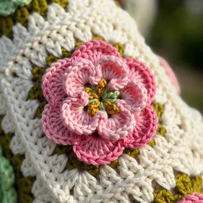 Handmade Crochet Open Front Cardigan with Multicolor Rose Appliques and Ribbed Cuffs