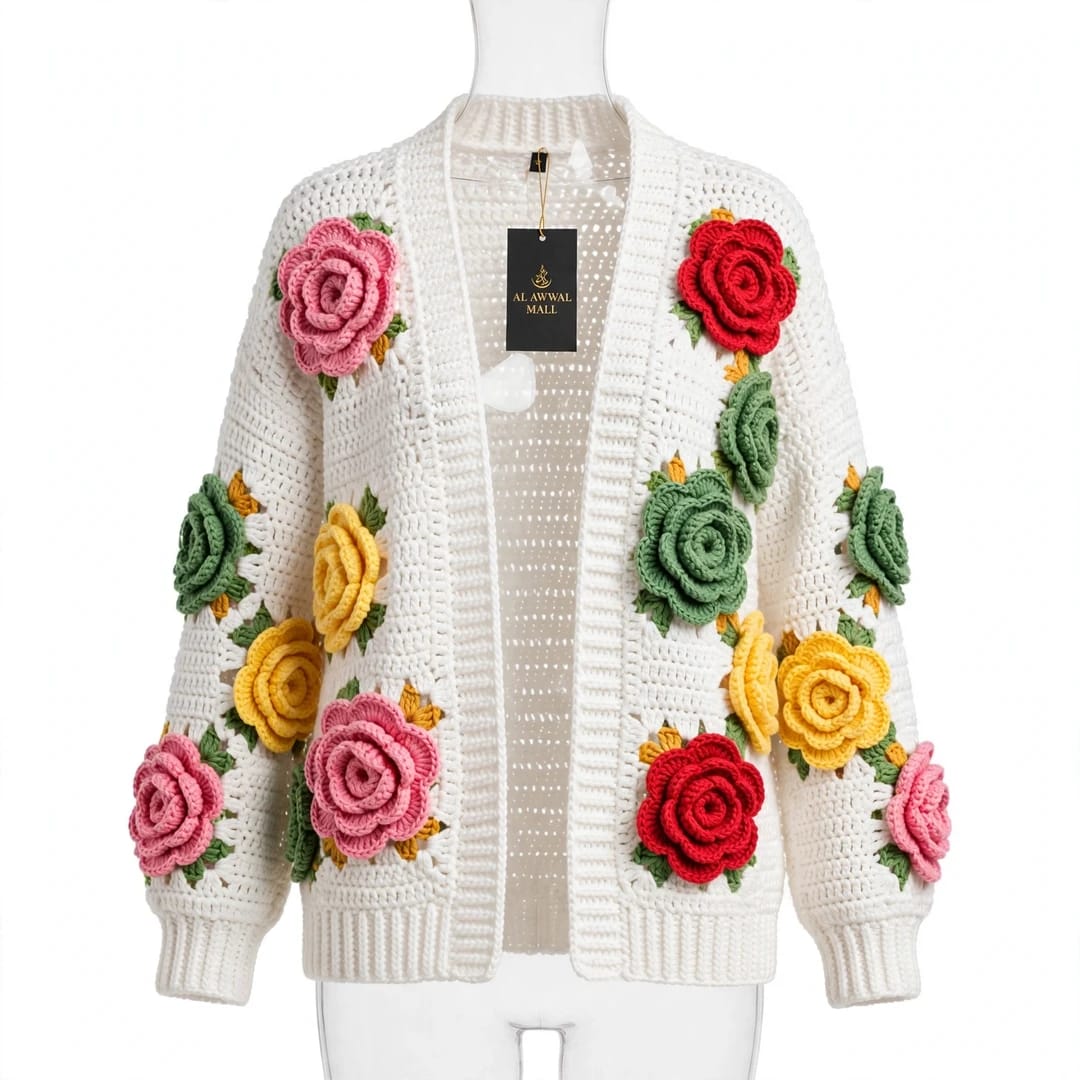 Handmade Crochet Open Front Cardigan with Multicolor Rose Appliques and Ribbed Cuffs
