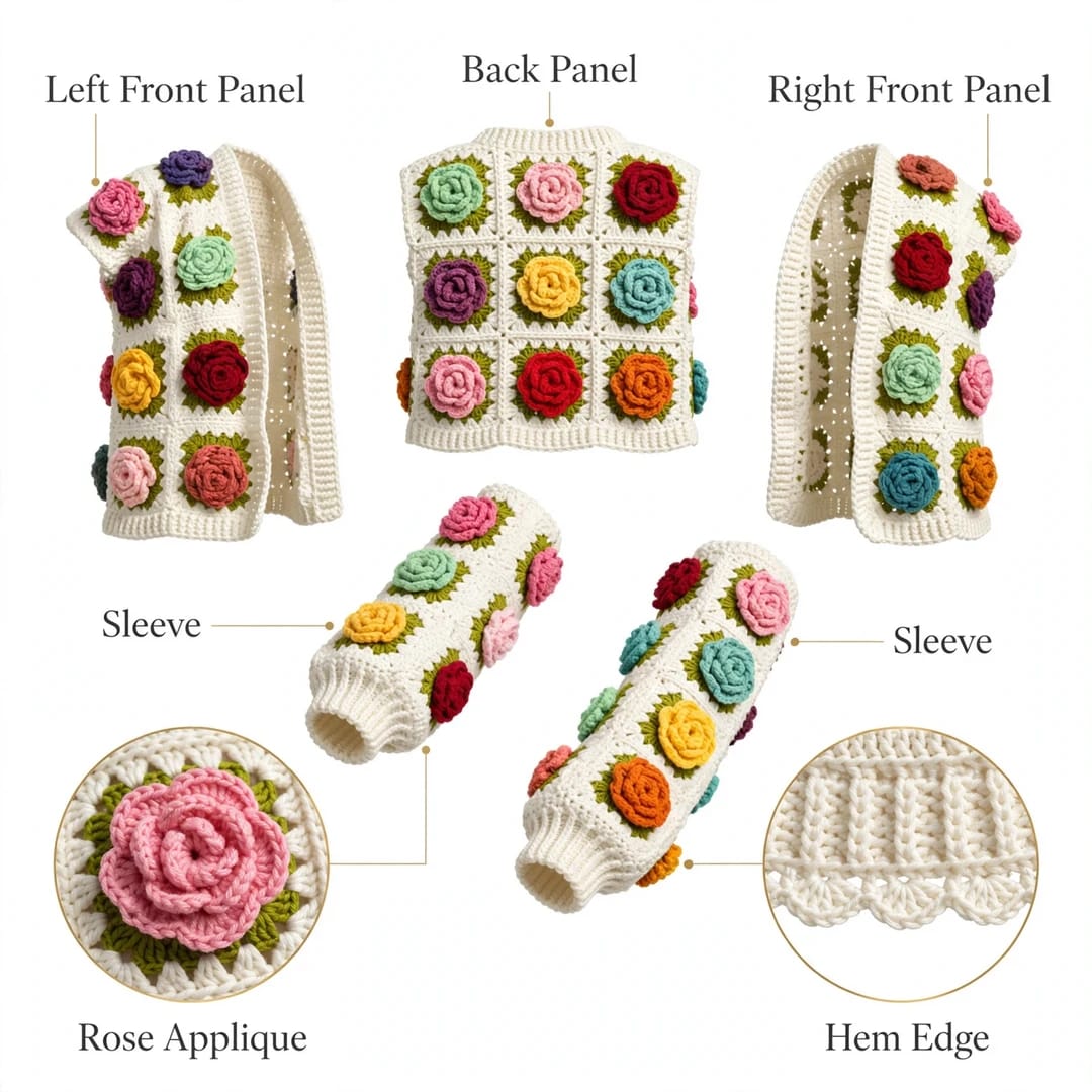 Handmade Crochet Open Front Cardigan with Multicolor Rose Appliques and Ribbed Cuffs