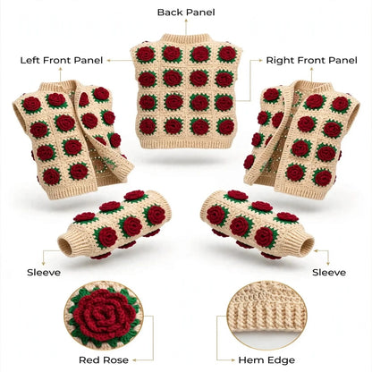 Handmade Crochet Beige Open Front Cardigan with Red Rose Appliques and Ribbed Cuffs