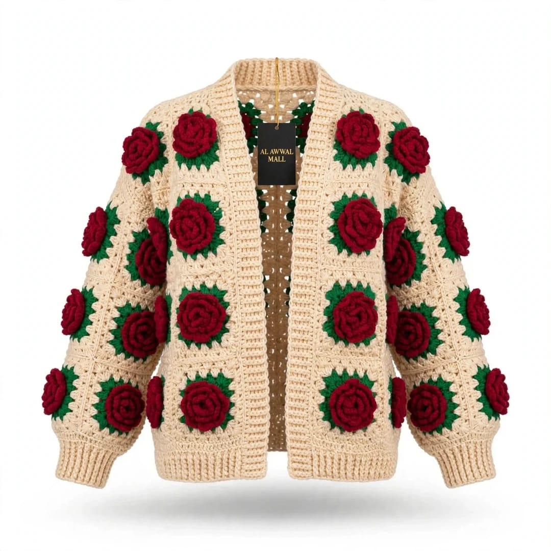 Handmade Crochet Beige Open Front Cardigan with Red Rose Appliques and Ribbed Cuffs