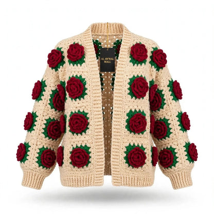 Handmade Crochet Beige Open Front Cardigan with Red Rose Appliques and Ribbed Cuffs