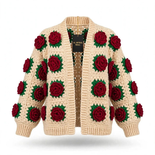 Handmade Crochet Beige Open Front Cardigan with Red Rose Appliques and Ribbed Cuffs