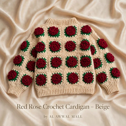 Handmade Crochet Beige Open Front Cardigan with Red Rose Appliques and Ribbed Cuffs