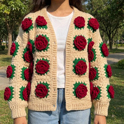 Handmade Crochet Beige Open Front Cardigan with Red Rose Appliques and Ribbed Cuffs