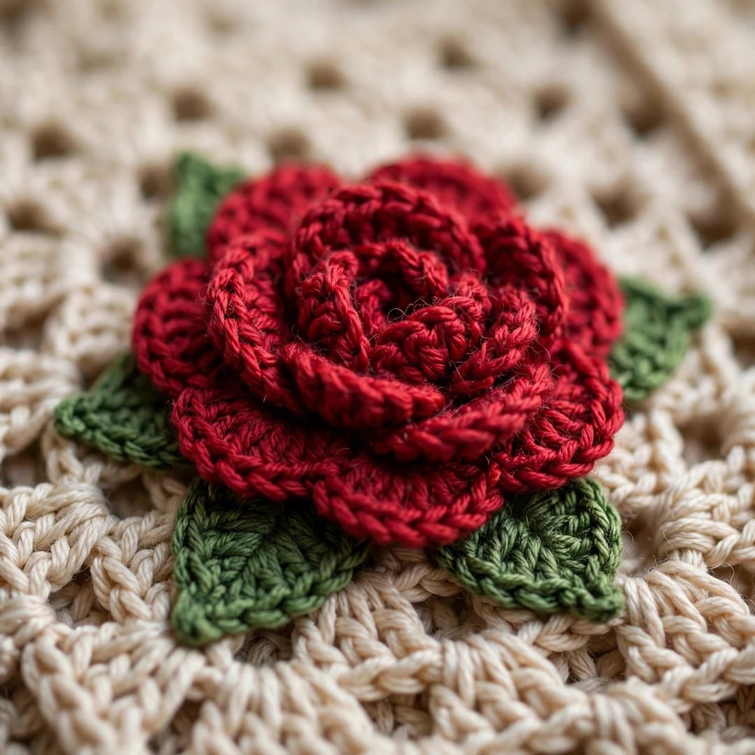 Handmade Crochet Beige Open Front Cardigan with Red Rose Appliques and Ribbed Cuffs